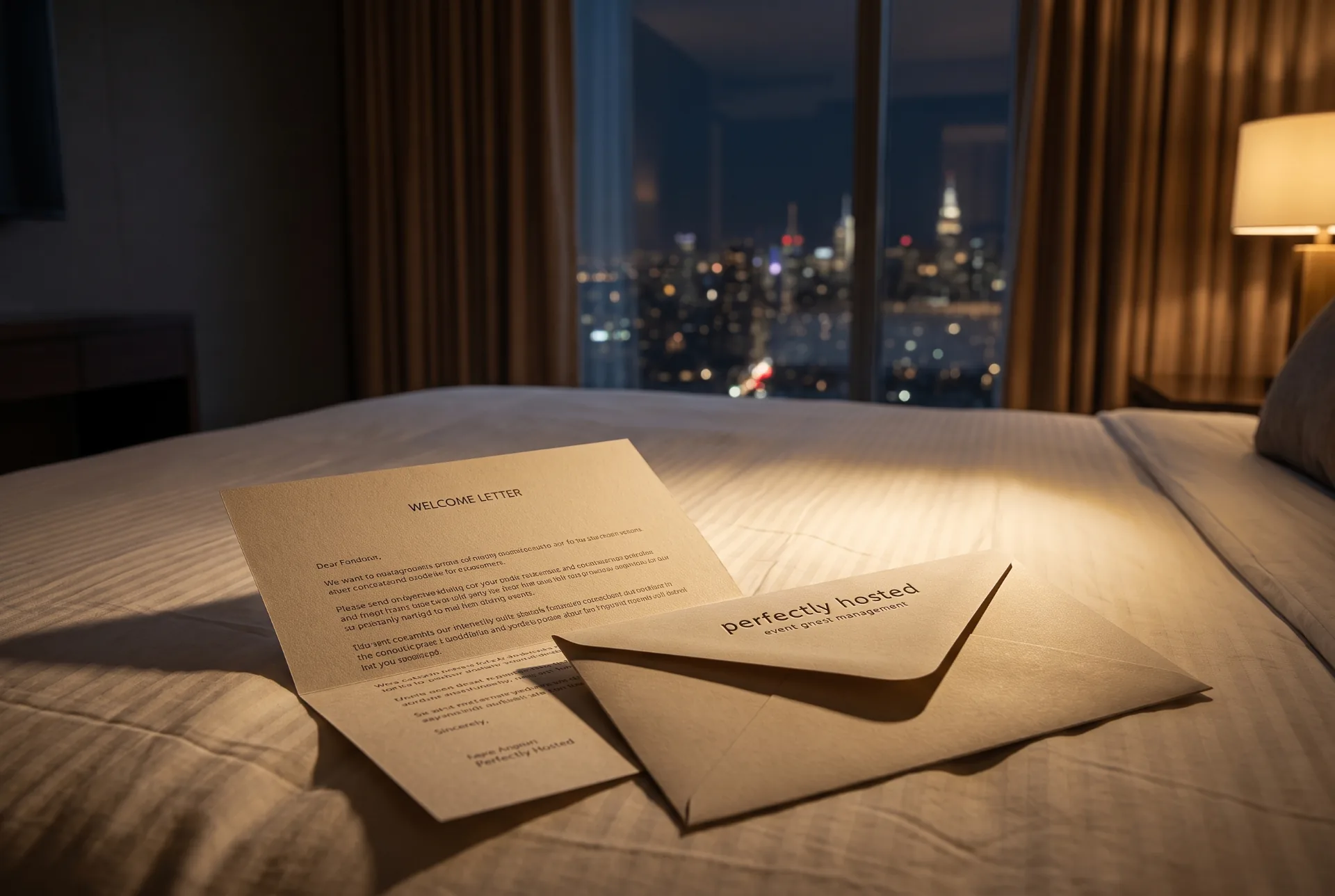 A hand-addressed welcome letter resting on linen, city skyline beyond